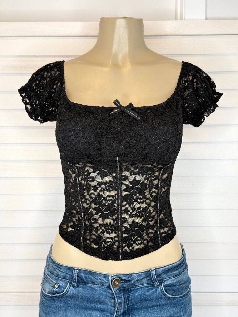 GLITTER Floral Lace Square Neck Puff Sleeve Top Black / PAPERMOON